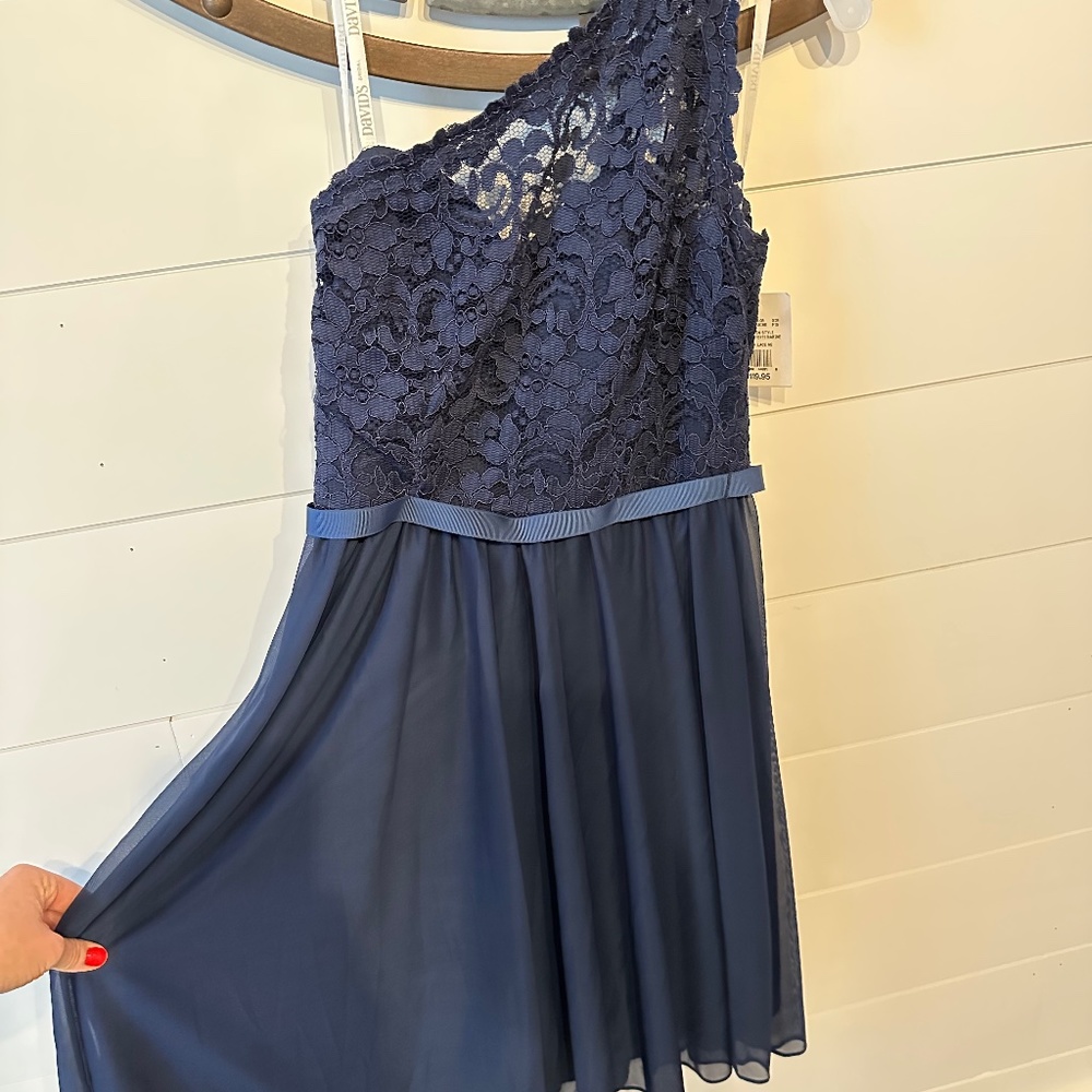 NWT- David’s Bridal Navy and Lace Knee-Length Dress
